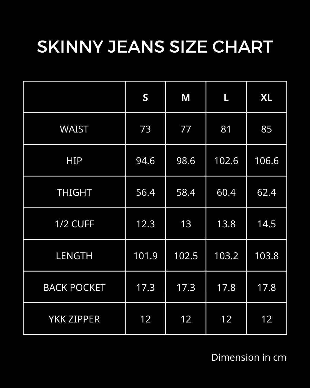 Skinny jeans best sale size chart mens